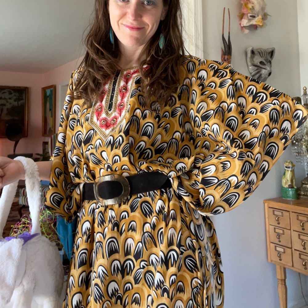 100% silk caftan flowing African maxi dress os